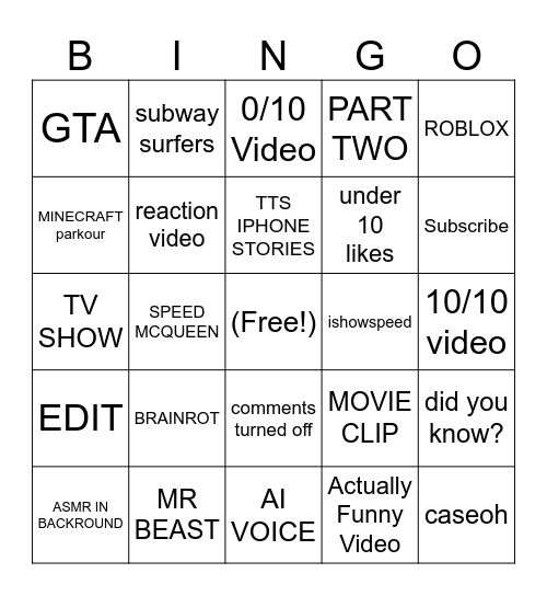 YT SHORTS BINGO Card