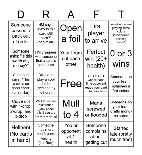 Drafter's Bingo Card