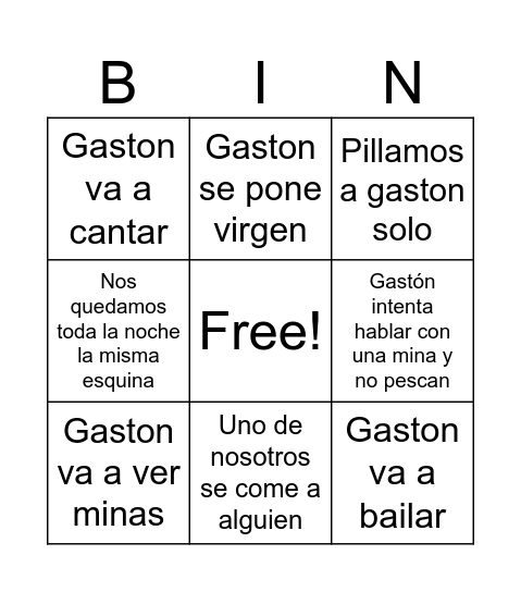 Gaston Bingo Card