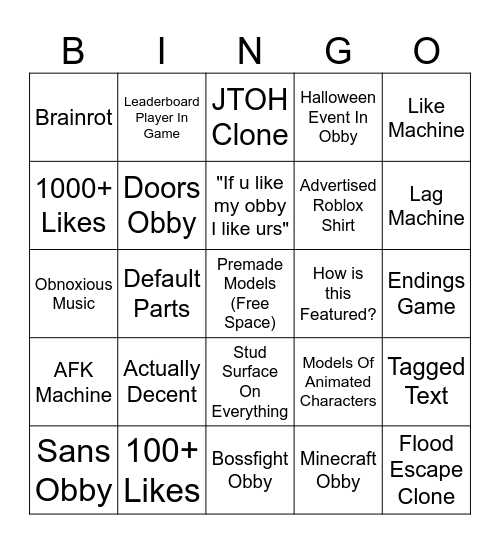 Obby Creator Bingo Card