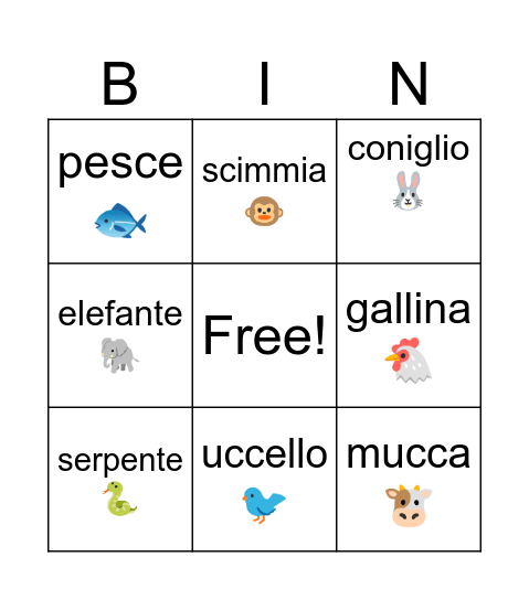 Gli animali Bingo Card