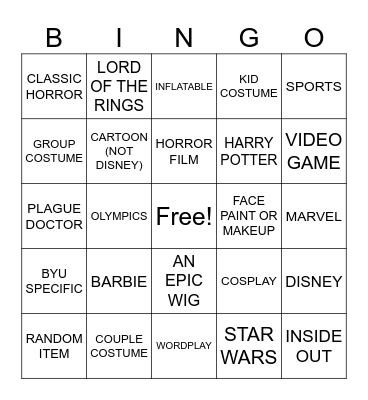 BYU Costume Bingo Card