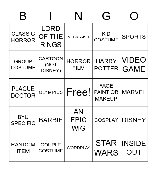 BYU Costume Bingo Card