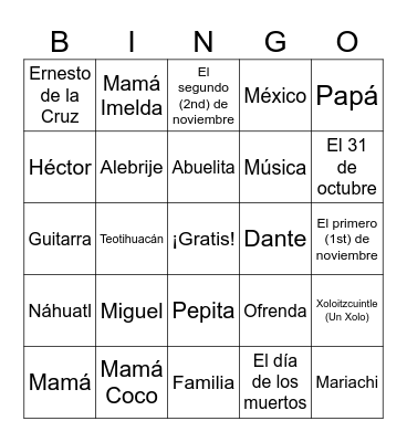 Coco Bingo Card