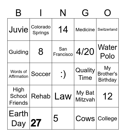 Hannah Bingo Card