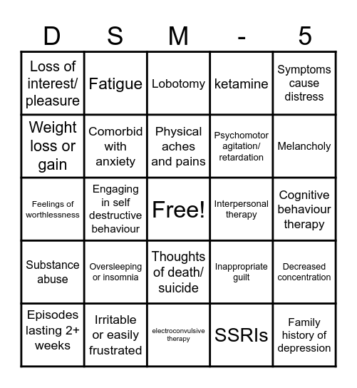 MDD Bingo Card