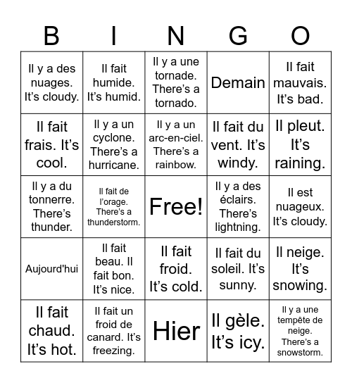 The Weather (La meteo) Bingo Card