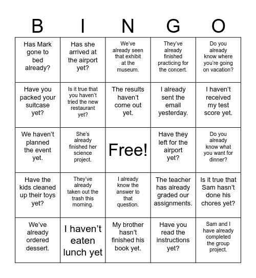 Already vs Yet Bingo Card