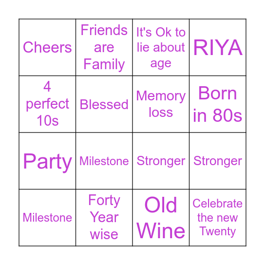 Riya's 40th Birthday Bingo Card