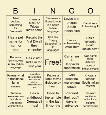 Nivi's Deepavali 2024 Bingo Card