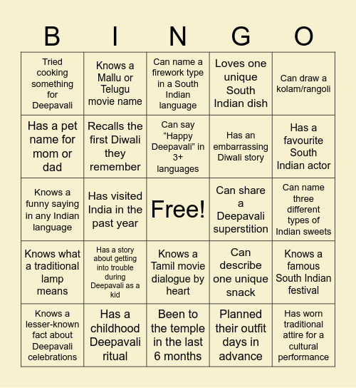 Nivi's Deepavali 2024 Bingo Card