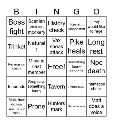 Critical Role-Campaign 1 Bingo Card