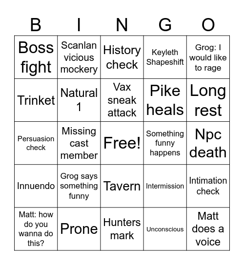 Critical Role-Campaign 1 Bingo Card
