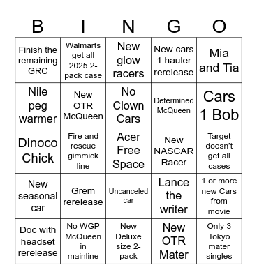 Cars 2025 Bingo Card Bingo Card