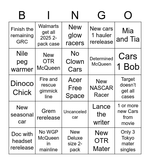 Cars 2025 Bingo Card Bingo Card