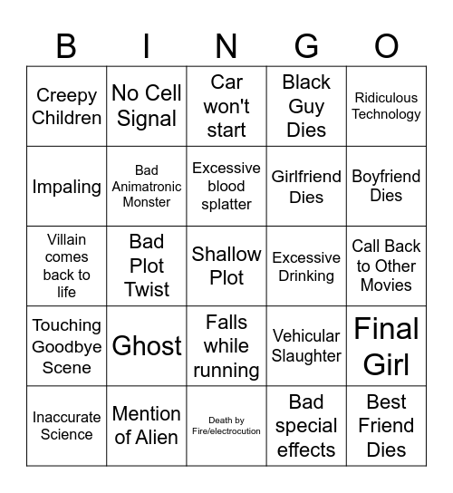 Bad Horror Movie Bingo Card