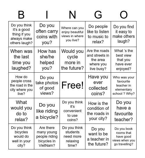 Speaking part 1 Bingo Card