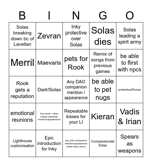 Dragon Age: The Veilguard Bingo Card