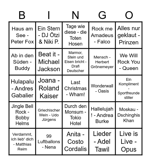 Musik Bingo Card