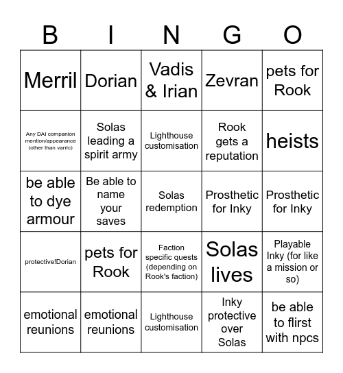 Dragon Age: The Veilguard Bingo Card