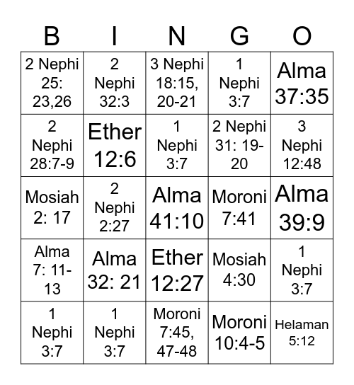 Book of Mormon Scripture Mastery Bingo Card