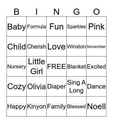 Lia's Baby Shower Bingo Card