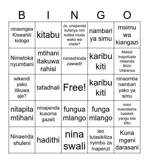 Swahili Bingo (phrases) Bingo Card