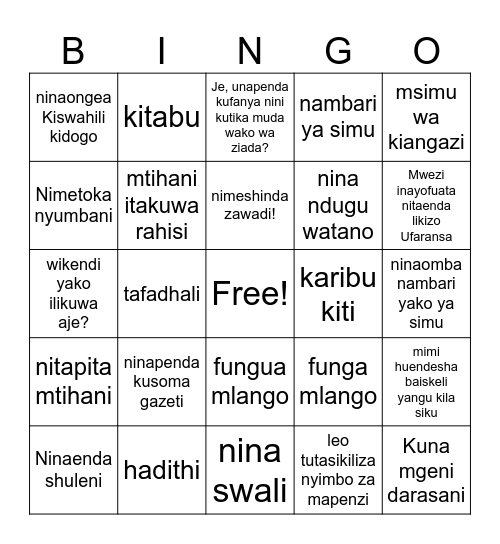 Swahili Bingo (phrases) Bingo Card