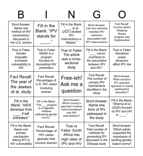 Psych Bingo Card