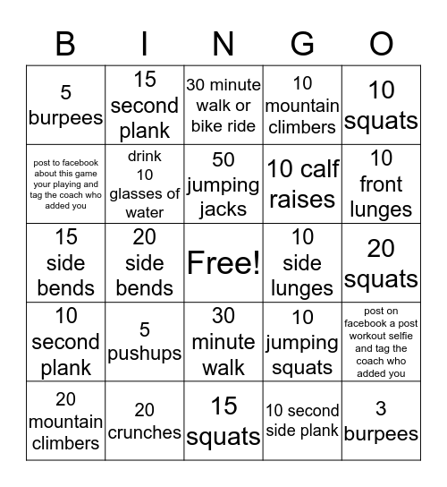 fitness bingo  Bingo Card