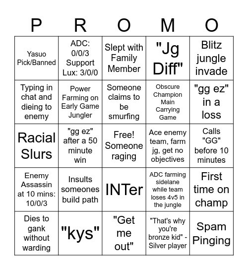 League of Legends - Ranked Edition Bingo Card