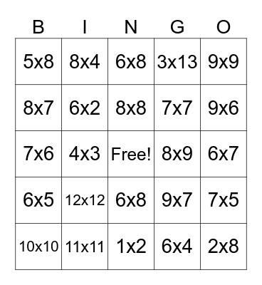 Multiplication Bingo Card