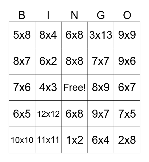 Multiplication Bingo Card