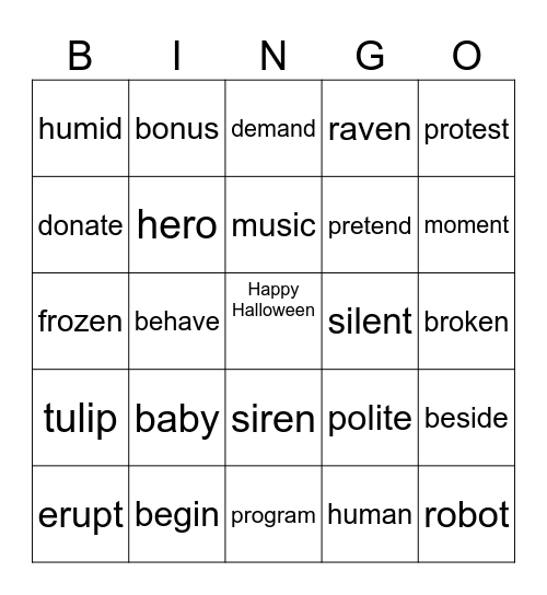 vcv division Bingo Card
