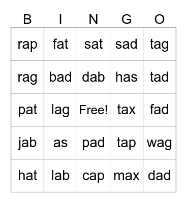 Short A Bingo Card