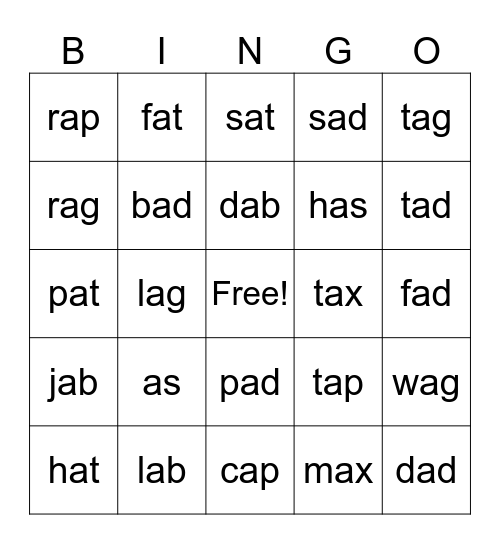 Short A Bingo Card