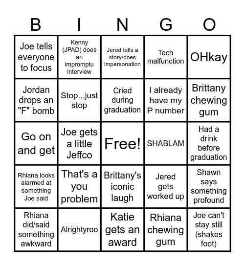 Class B Bingo Card