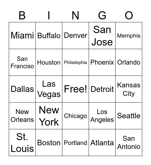 Cities Bingo Card