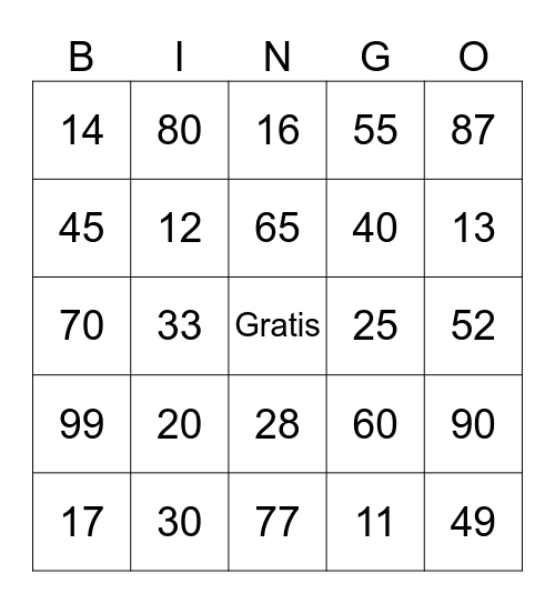 Los numeros 11-100 Bingo Card
