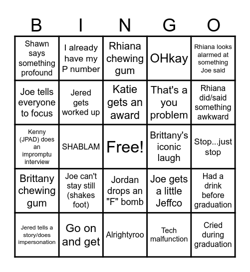 Class B Bingo Card