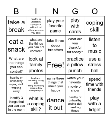 coping skills bingo Card