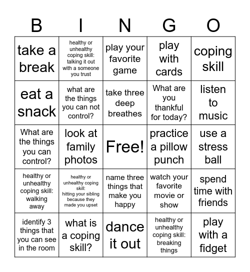 coping skills bingo Card