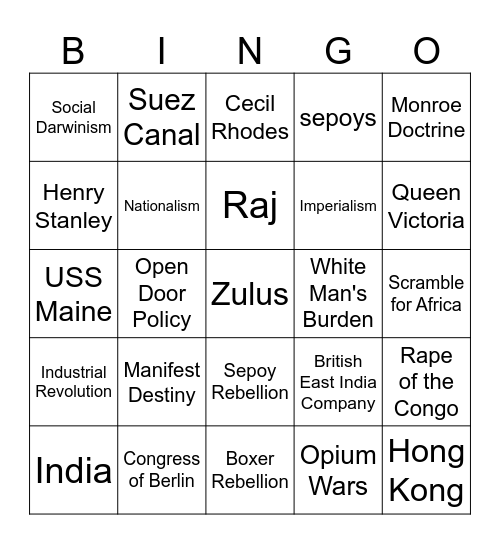 Imperialism Bingo Card