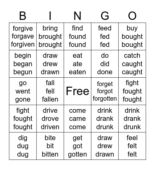 A to G 100 Most Common Irregular Verbs Bingo Card