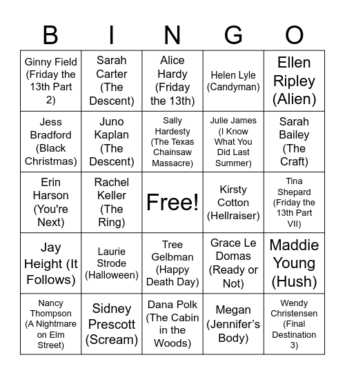 Scream Queen Bingo Card