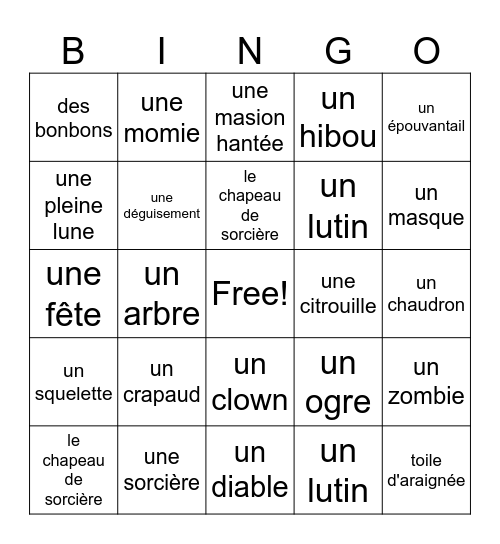 French Halloween Bingo Card