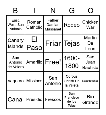 Spanish Colonial Era Bingo Card