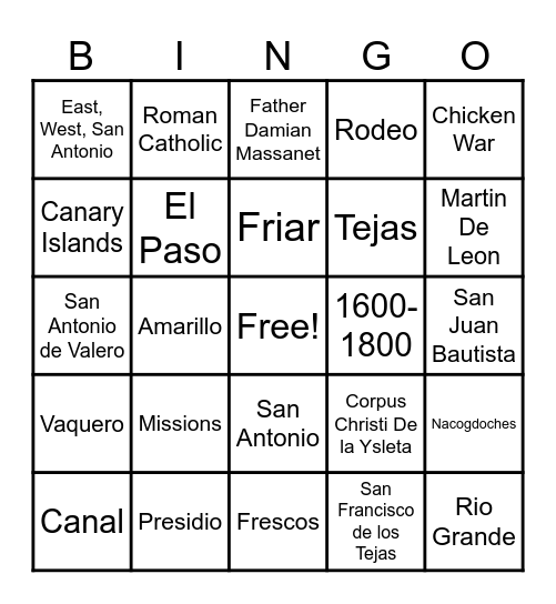 Spanish Colonial Era Bingo Card