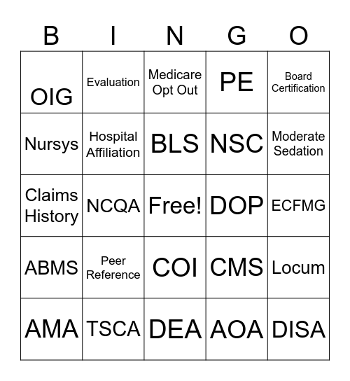 Medical Staff Professionals Bingo Card