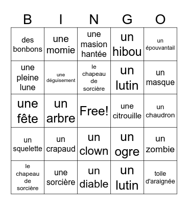 French Halloween Bingo Card